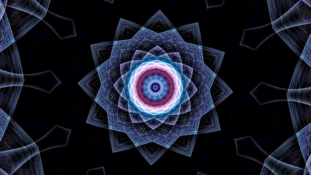4k 3d renderización de bucle abstracto hipercaleidoscopio complejo brillo azul malla mandala bucle giratorio fondo en movimiento uso de telón de fondo. bucle kaleidoscopio patrón visuales fondo para meditación, yoga, chill-out,