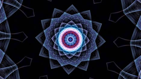 4k 3d rendering abstract loop hyper kaleidoscope complex glow blue mesh mandala loop rotating background in motion backdrop use. loop kaleidoscope pattern visuals background for meditation, yoga, chill-out,