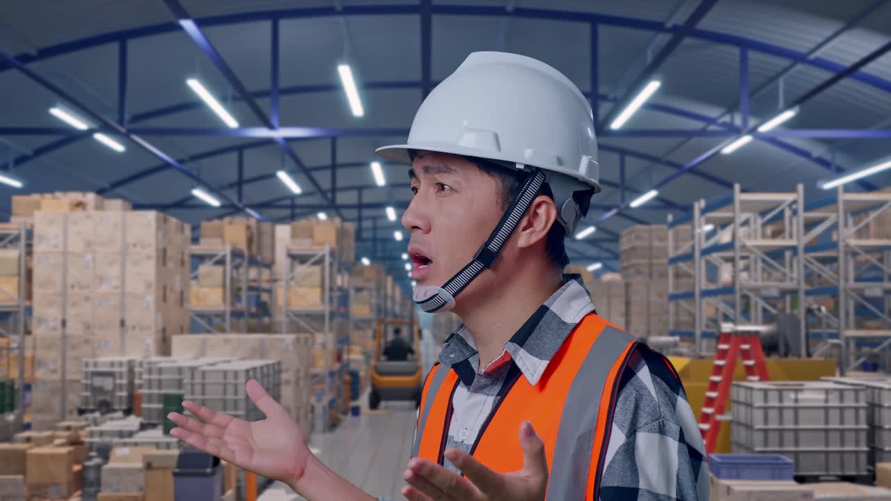 棚列のある広々とした倉庫で、安全ヘルメットを着用し、訝しげに「なぜ？」と問いかけながら作業しているアジア系男性エンジニアの横顔のクローズアップ。