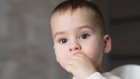 face of a beautiful caucasian baby boy taking something to his mouth. close up portrait of child eating. blurred backdrop.
