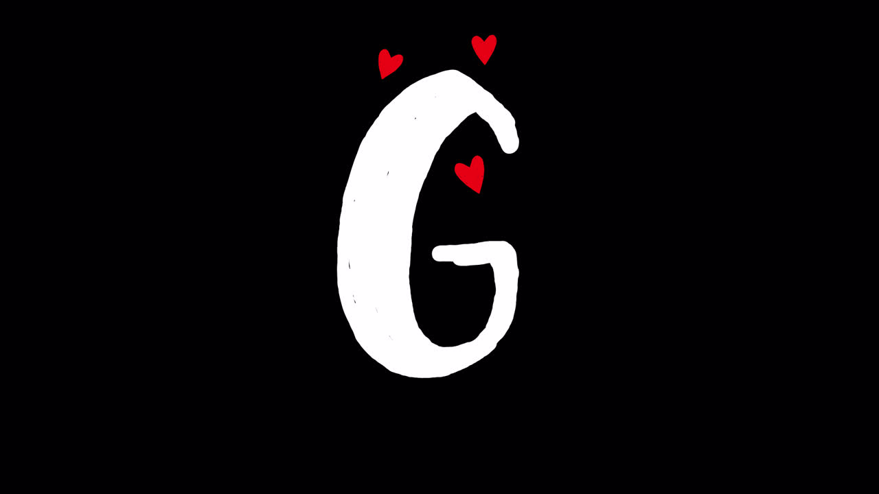 Lettre G animée dessinée à la main avec des cœurs rouges sur fond noir.
