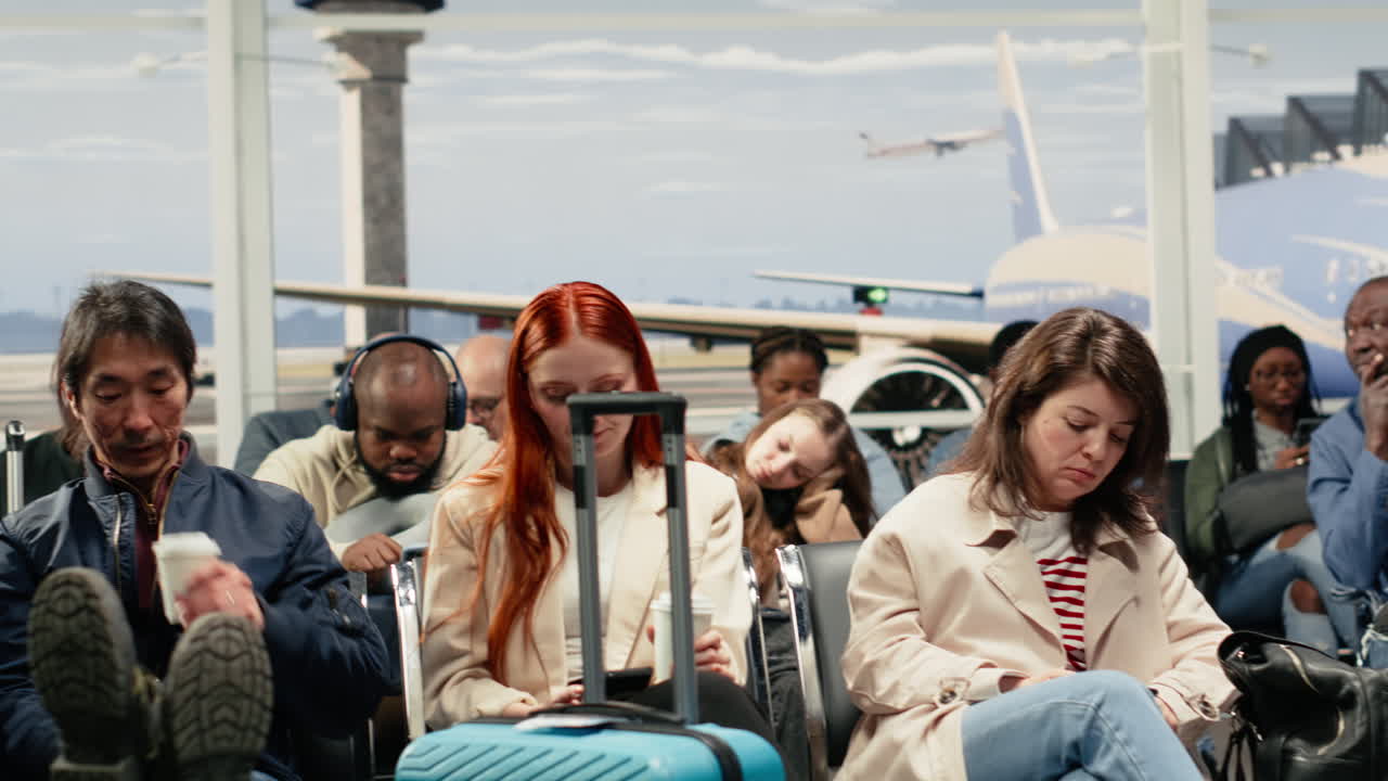 Bored tourists in airport lounge wait for another plane after cancelled flight