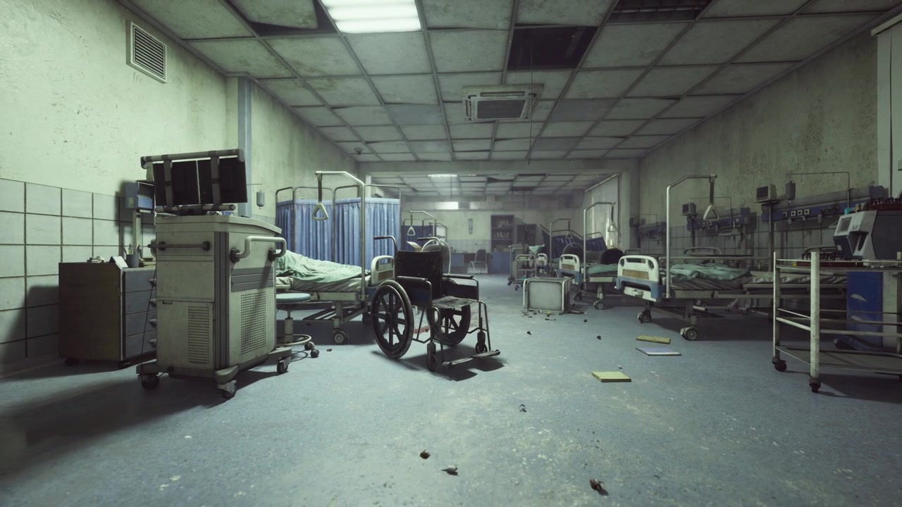Inquietante pasillo de hospital desierto lleno de escombros y pintura descolorida