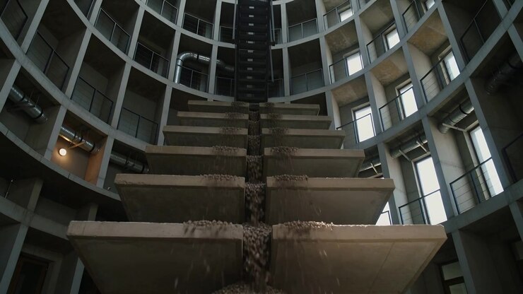 Ghiaia che viene versata in bacini centrali e convogliata lungo un condotto per gravità in un atrio con una griglia di finestre sulla destra