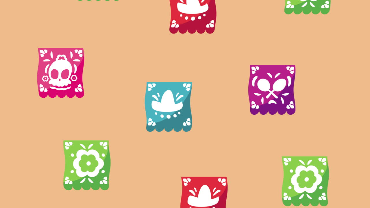 멕시코의 축제는 꽃걸이와 종이 패턴을 가지고 있습니다.