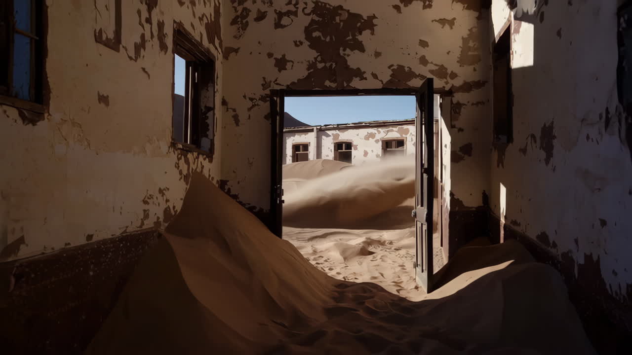 Edifici abbandonati inghiottiti dalle dune di sabbia mobili nel deserto del Namib