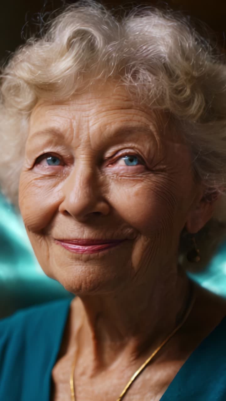 Serene Portrait of an Elderly Woman with Curly Hair and Blue Eyes, Exuding Warmth and Wisdom in a Softly Lit Environment
