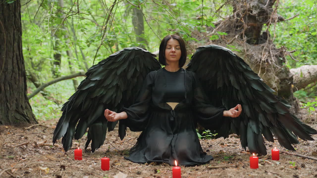 Donna con grandi ali nere inginocchiata sul suolo della foresta in calma meditazione, circondata da candele rosse incandescenti, che esegue un rituale spirituale pacifico in una tranquilla atmosfera boschiva piena di mistero