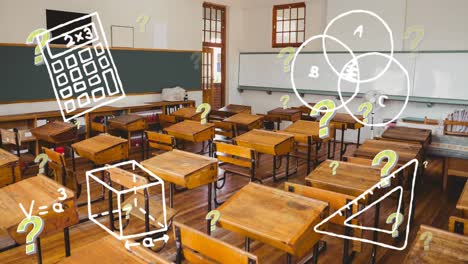 Animation-of-school-icons-and-question-marks-over-empty-classroom