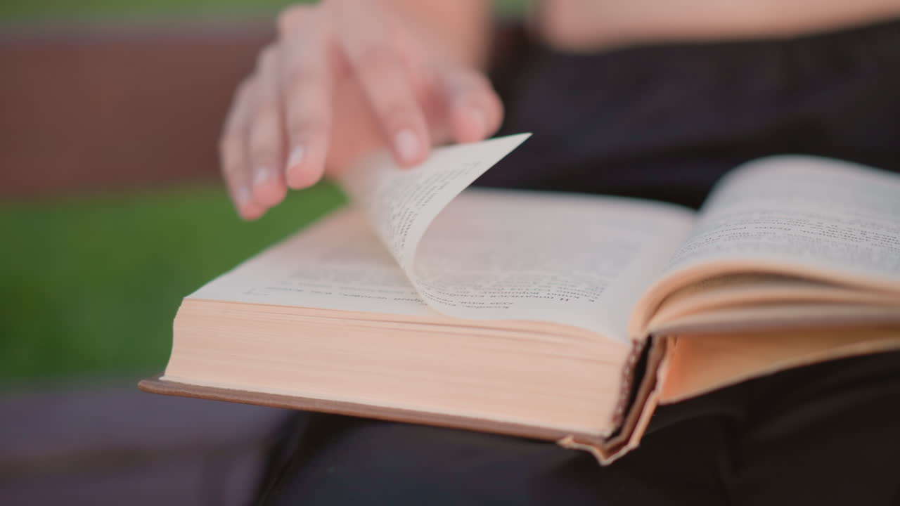 Sessione di lettura all'aperto in un parco, pomeriggio estivo con una donna che legge un libro nel parco verde, donna seduta su una panchina di legno immersa nella lettura in un tranquillo parco verde