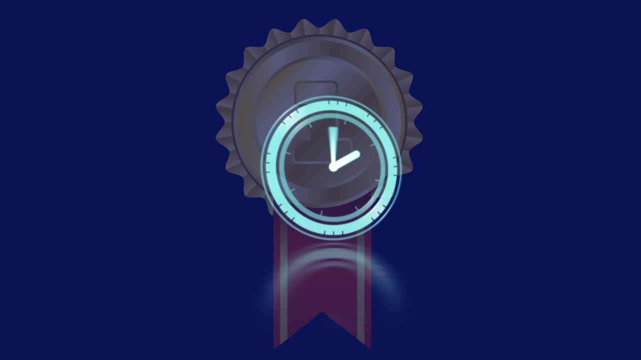 animación de un reloj moviéndose rápidamente sobre la insignia del primer lugar en fondo azul