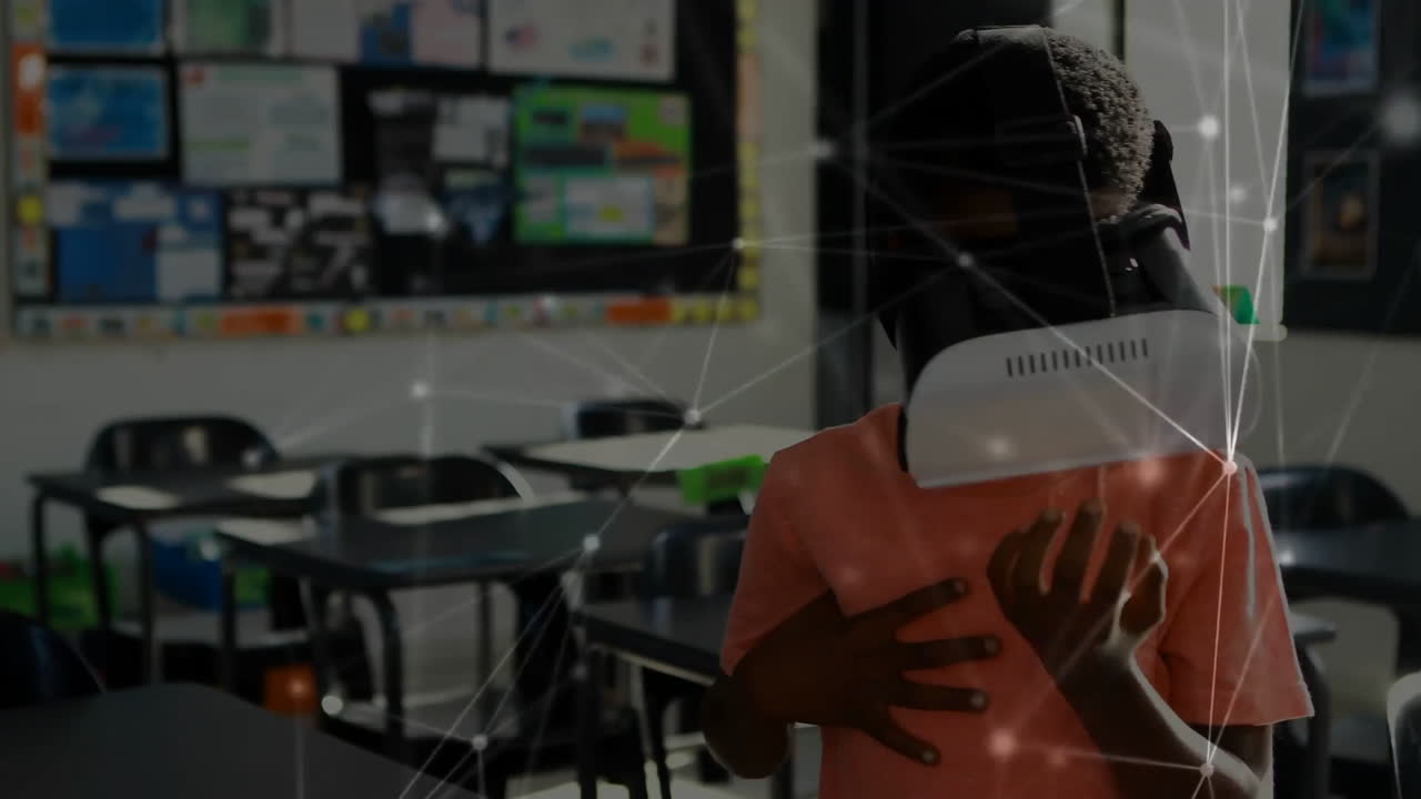 Network of connections with schoolboy wearing VR headset