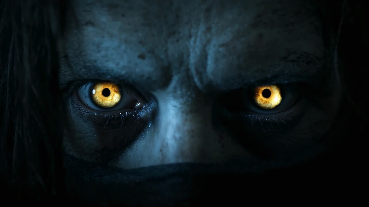 Flickering blue light causing masked figure revealing golden irises glowing in darkness, with power