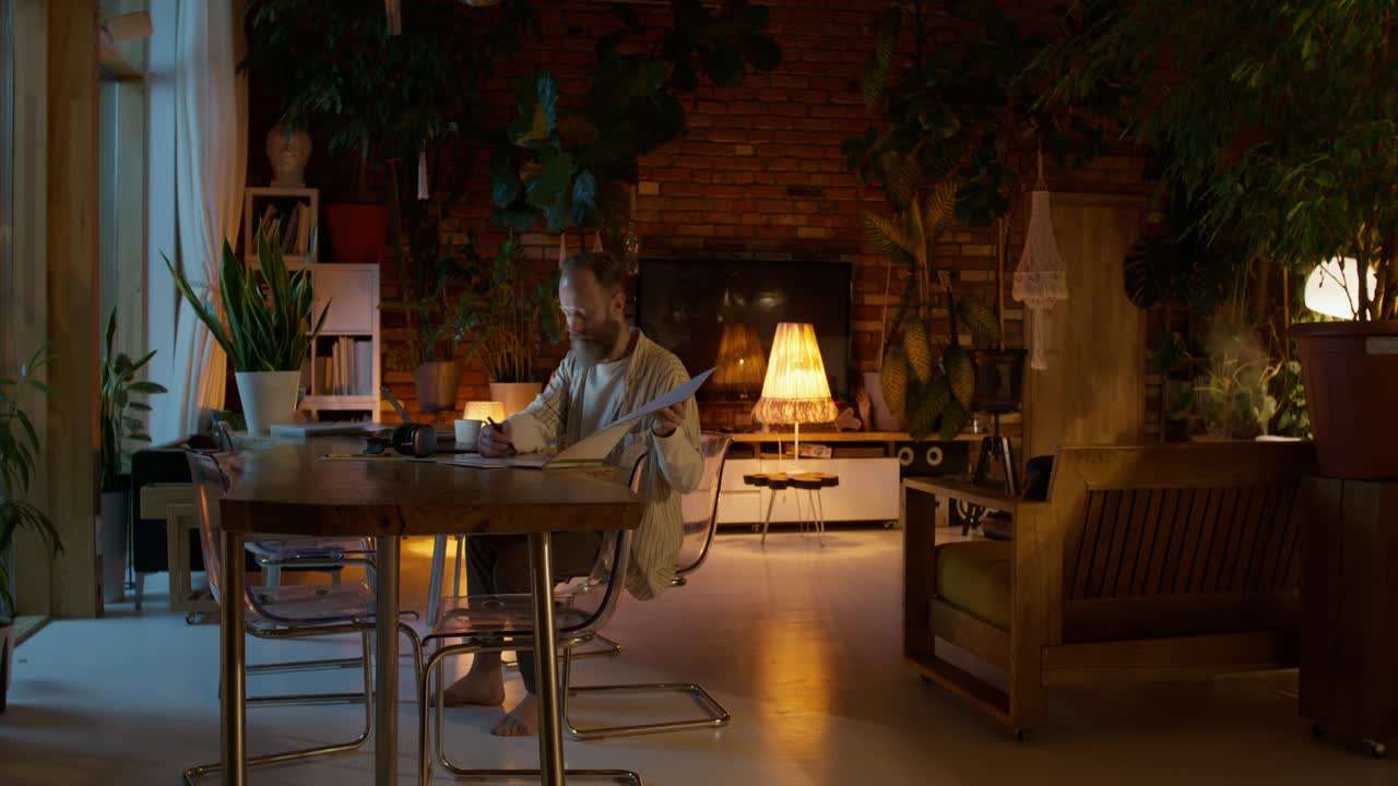 편안한 야간 거실에서 읽는 남자