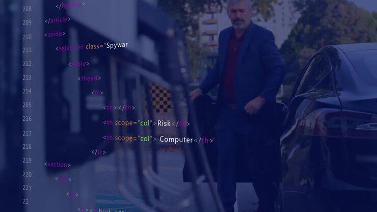 Animation of financial data processing over caucasian man charging electric car