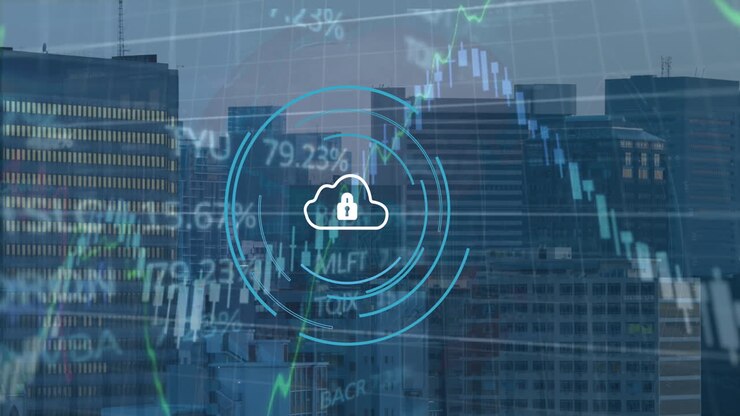 Animation of security padlock icon, financial and stock market data processing against tall building