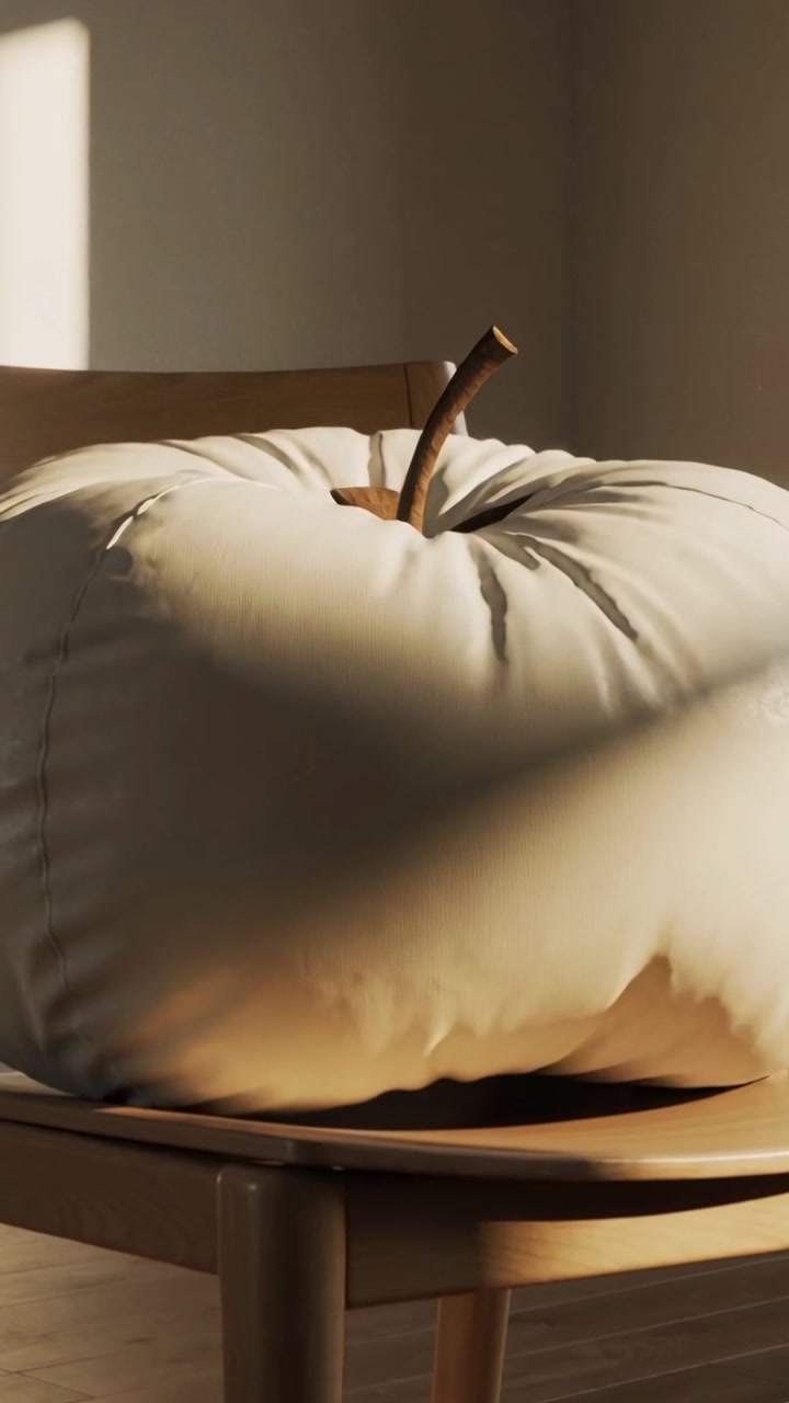 Vertical video: Moving camera revealing cream pumpkin pillow on chair in room corner, showing tuft