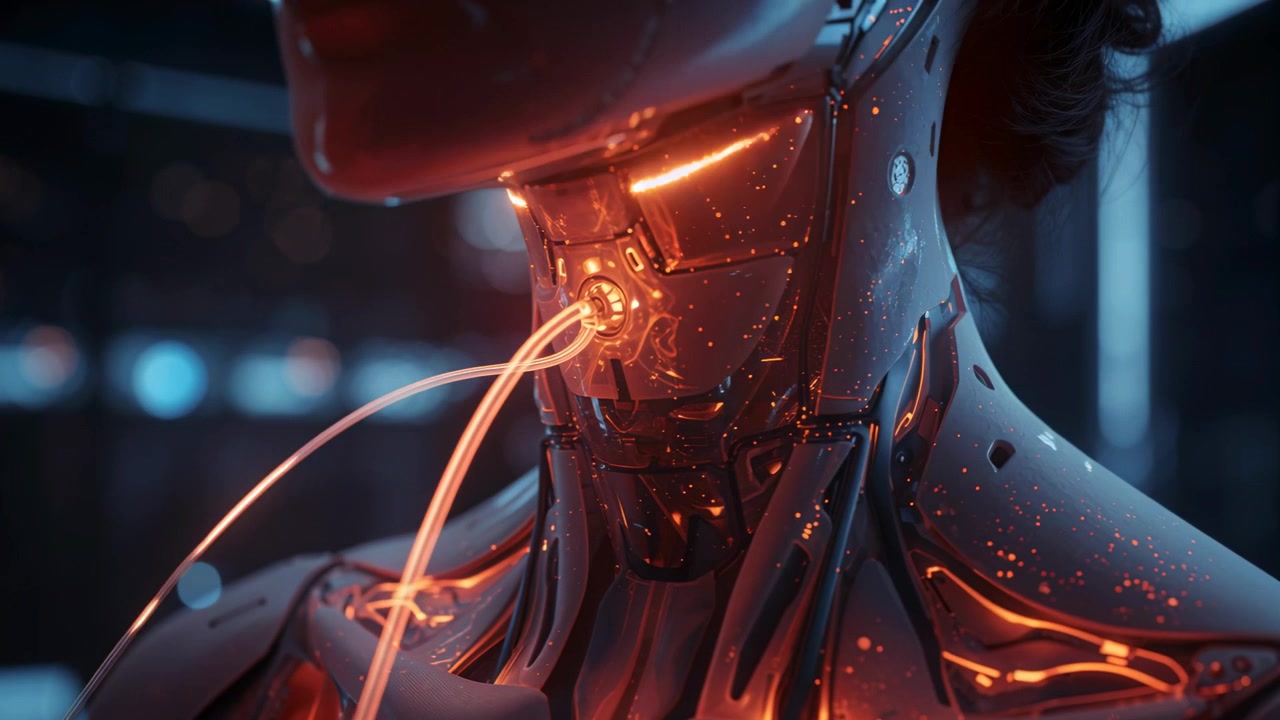 Pulsing two clear conduits powering up cybernetic neck plating in lab, showing circular port veins