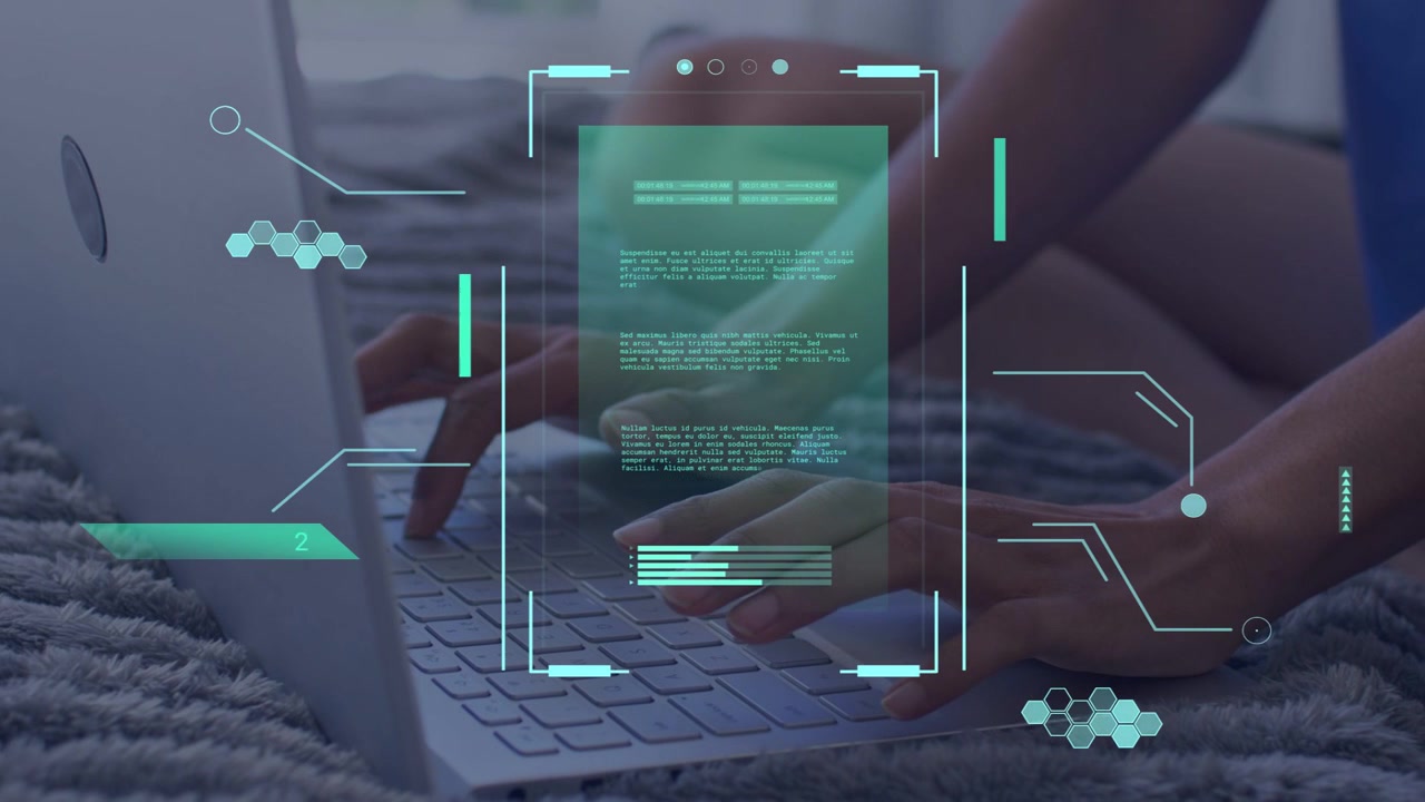 Woman placing hands, typing on laptop, HUD showing progress, updating document for tech editing