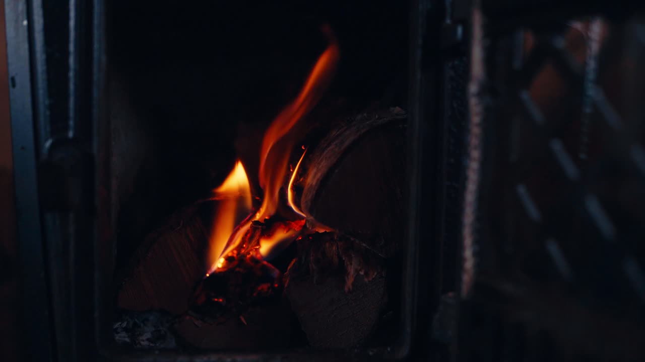 Flames Inside The Chimney Fireplace. Close-up Shot