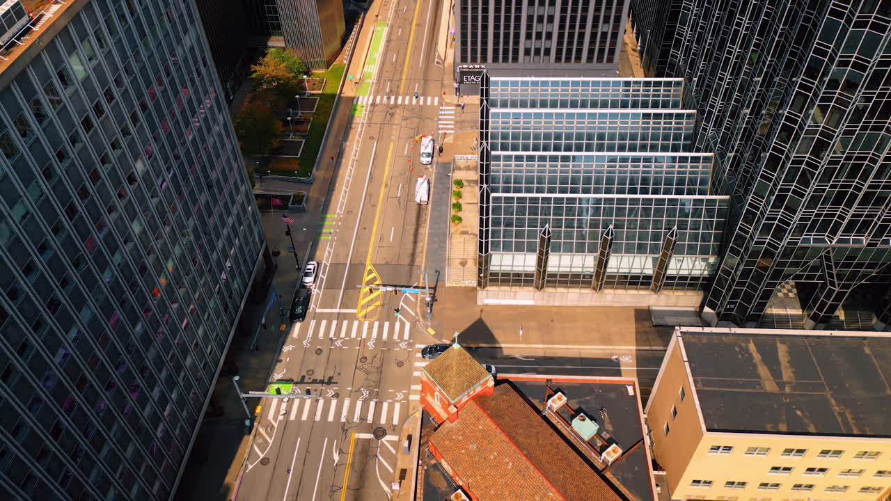 Piyysburgh, USA, 3 August 2025: Aerial view of Pittsburgh downtown streets. Aerial top view of downtown Pittsburgh streets with modern buildings