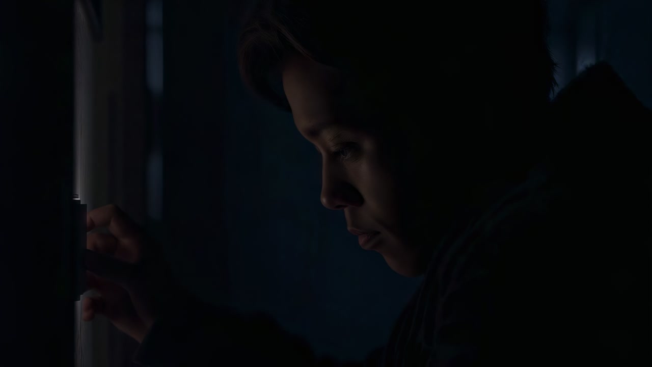 Placing hand on doorframe, man in dark jacket walking into dim lounge, passing couch and armchair