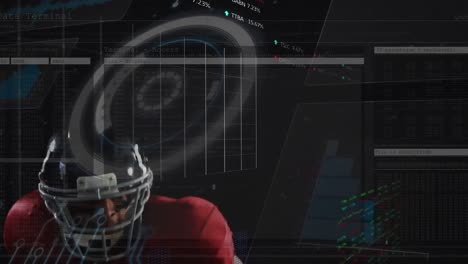 animación del procesamiento de datos con escaneo de alcance sobre el jugador de fútbol americano caucásico masculino