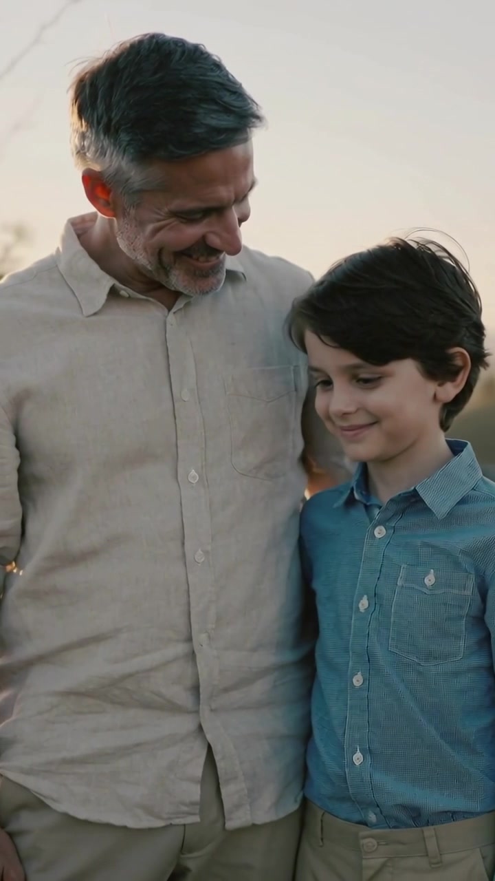 Video vertical: Papá apoyando el brazo, inclinándose hacia el hijo, sonriendo en un balcón al atardecer para consolar, con barandilla.