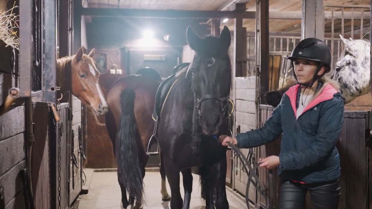 Horses lined in dim stable aisle handlers and rider move horses through wooden stalls, saddles and halters in view, muted barn light, steady hooves and practical boarding routine captured with candid