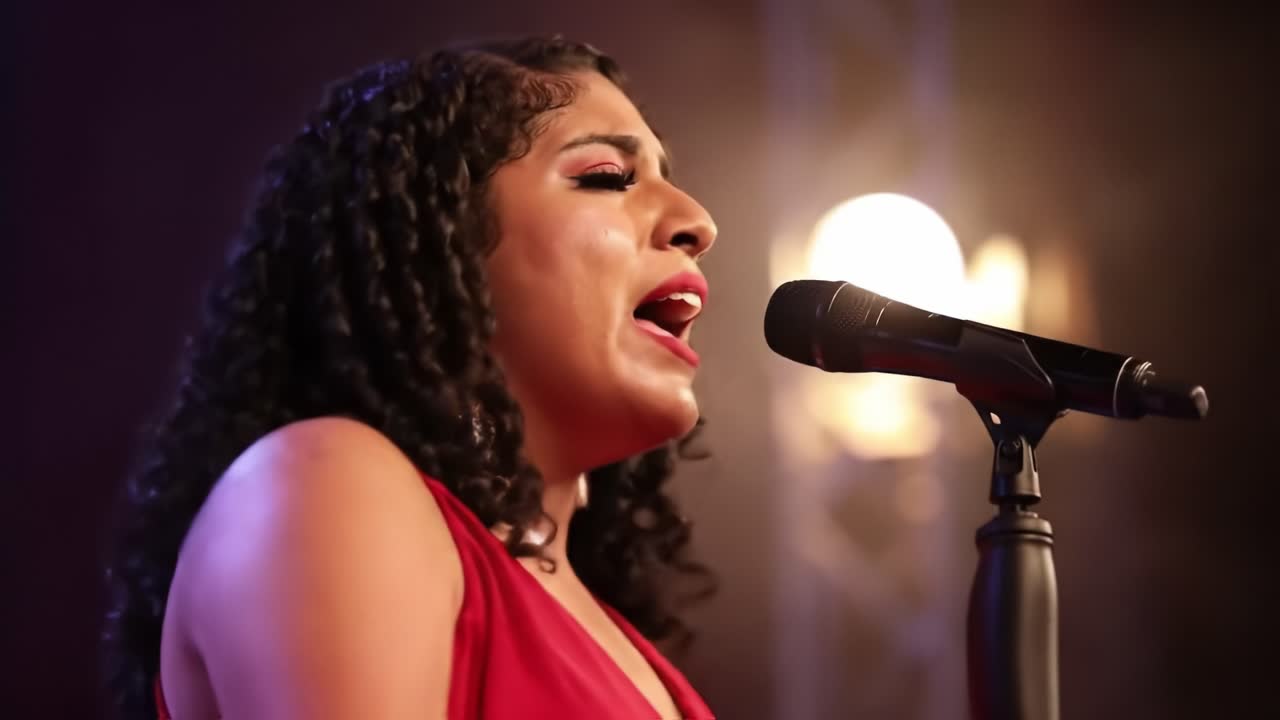 A passionate performance captured in two frames, showcasing an expressive singer pouring her emotions into the microphone, highlighting the depth of music's impact