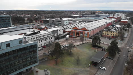 Aerial-view-industrial-area-with-Saab-Car-Museum-and-Innovatum-Science-Center,-Trollhantan,-Sweden