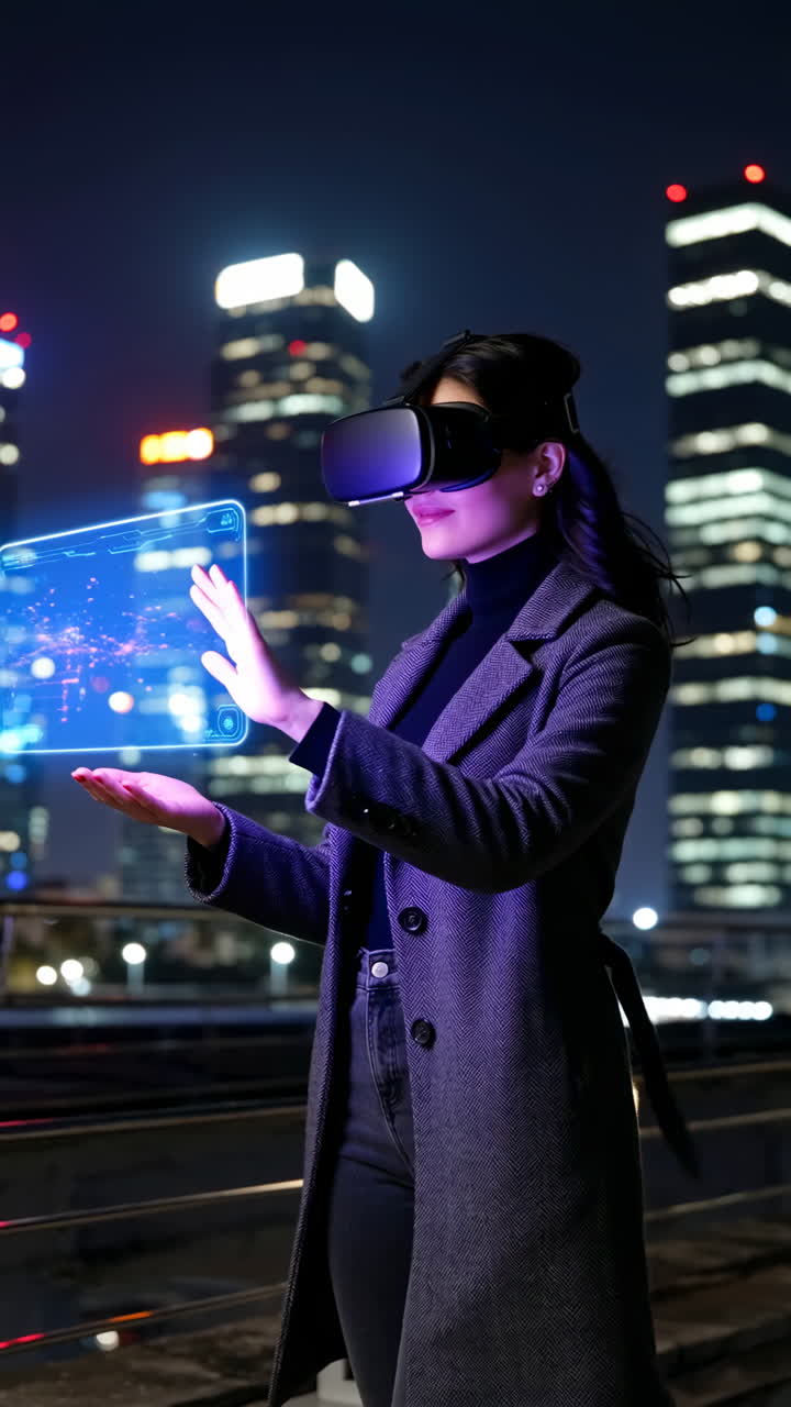 Woman Experiencing Virtual Reality with Holographic Interface in a Night City