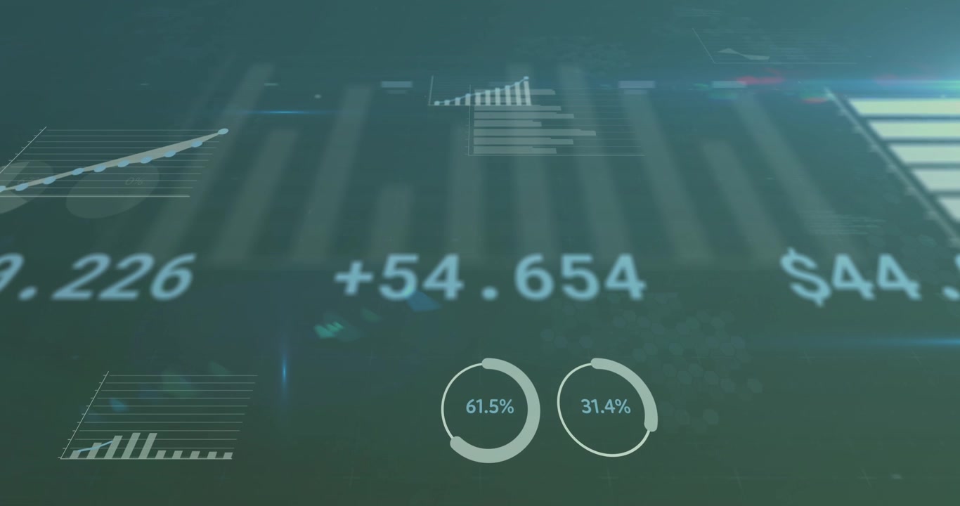 Animation of financial data and graphs over green background