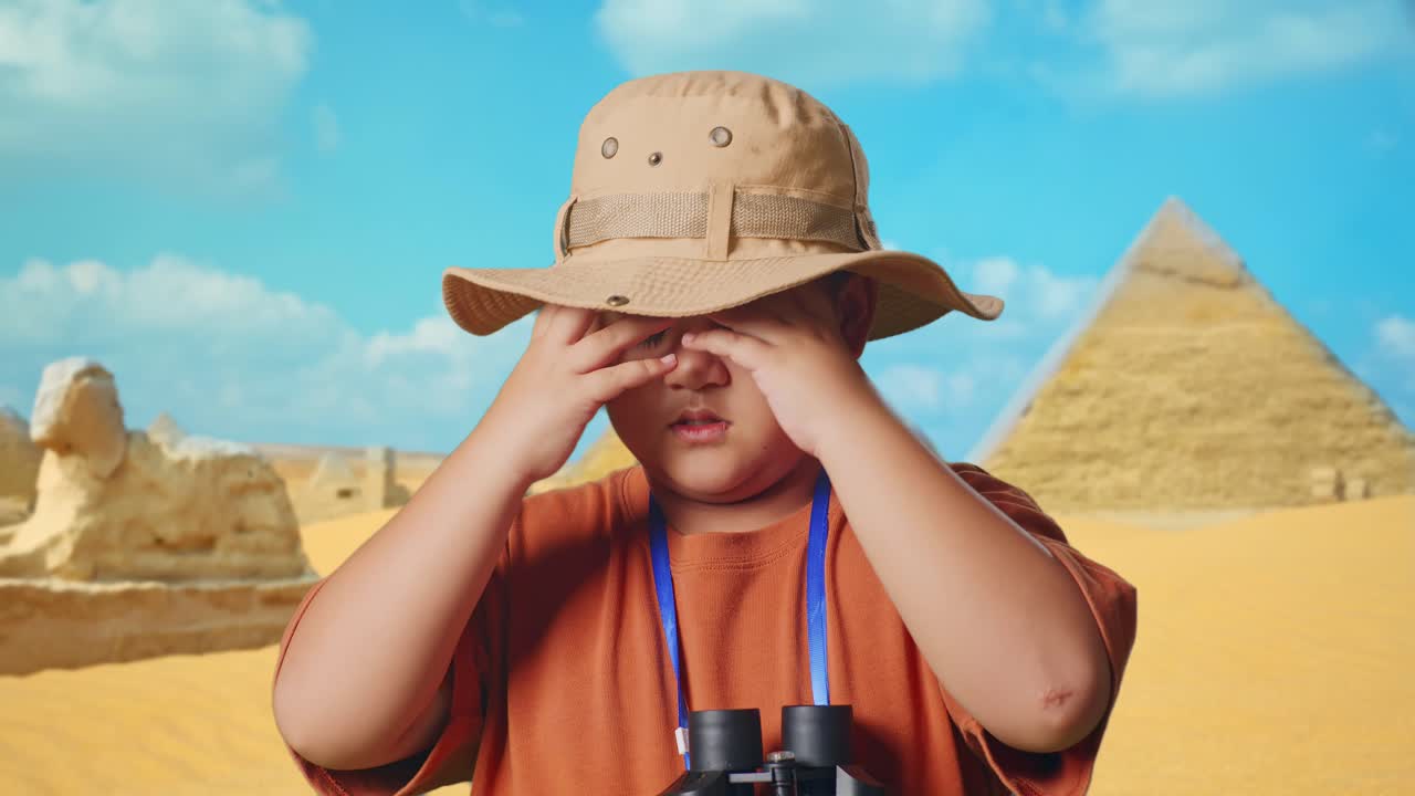 Asian Boy With A Hat Having A Headache After Looking Through The Binoculars. Boy Researcher Examines Something While Traveling In Giza Pyramid, Travel Tourism Adventure Concept, Close Up
