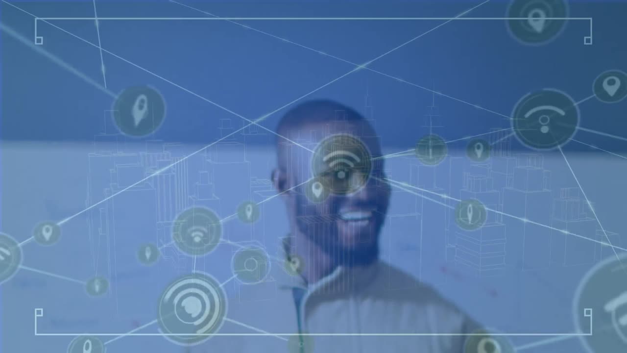 Animation of network of connections with icons and digital city over african american male teacher