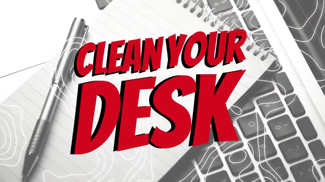 Animation of clean your desk text over white lines and laptop with notebook and pen