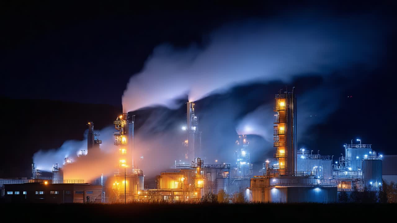 Illuminated Industrial Complex at Night: A Showcase of Manufacturing Power Amidst Billowing Smoke and Vibrant Lights in a Darkened Landscape
