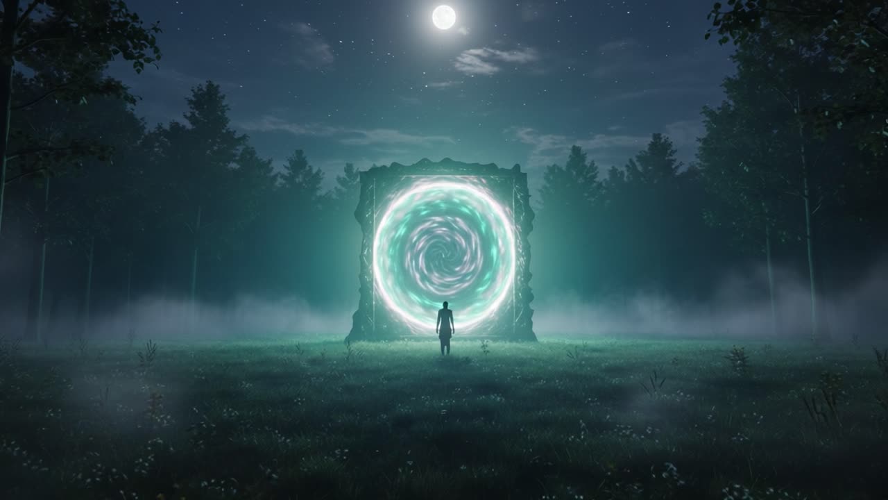 A solitary figure stands before a mysterious glowing portal in a serene forest at night, illuminated by the moonlight and surrounded by a mystical atmosphere