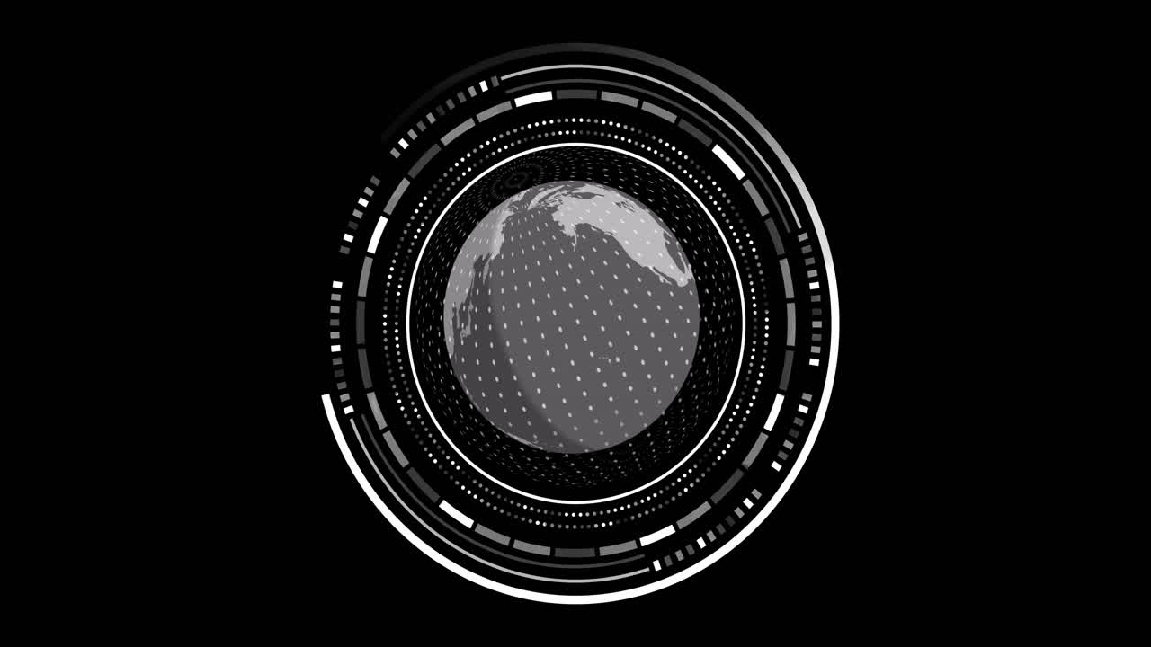 Animation of scope with globe and data processing over black background