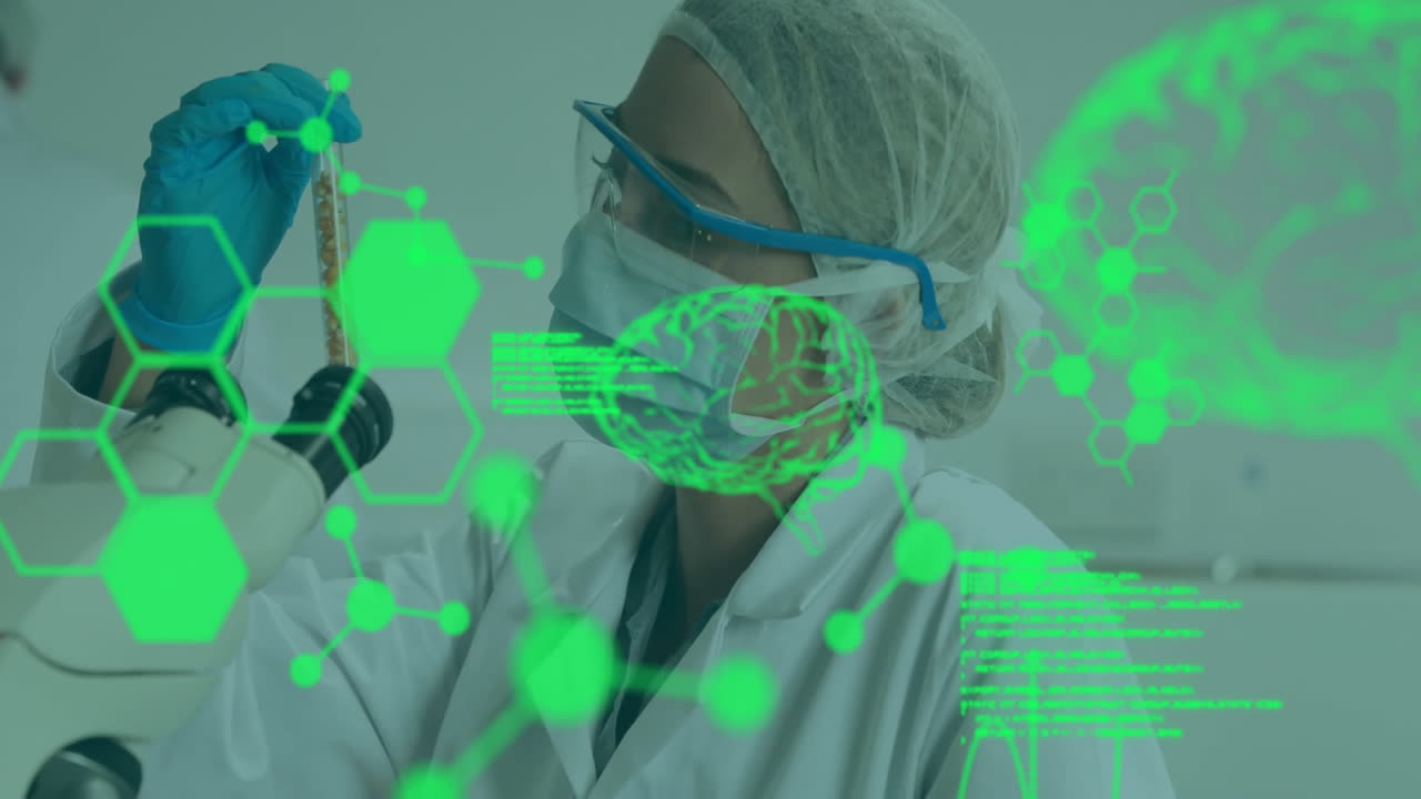 animación del procesamiento de datos científicos sobre una científica caucásica en el laboratorio