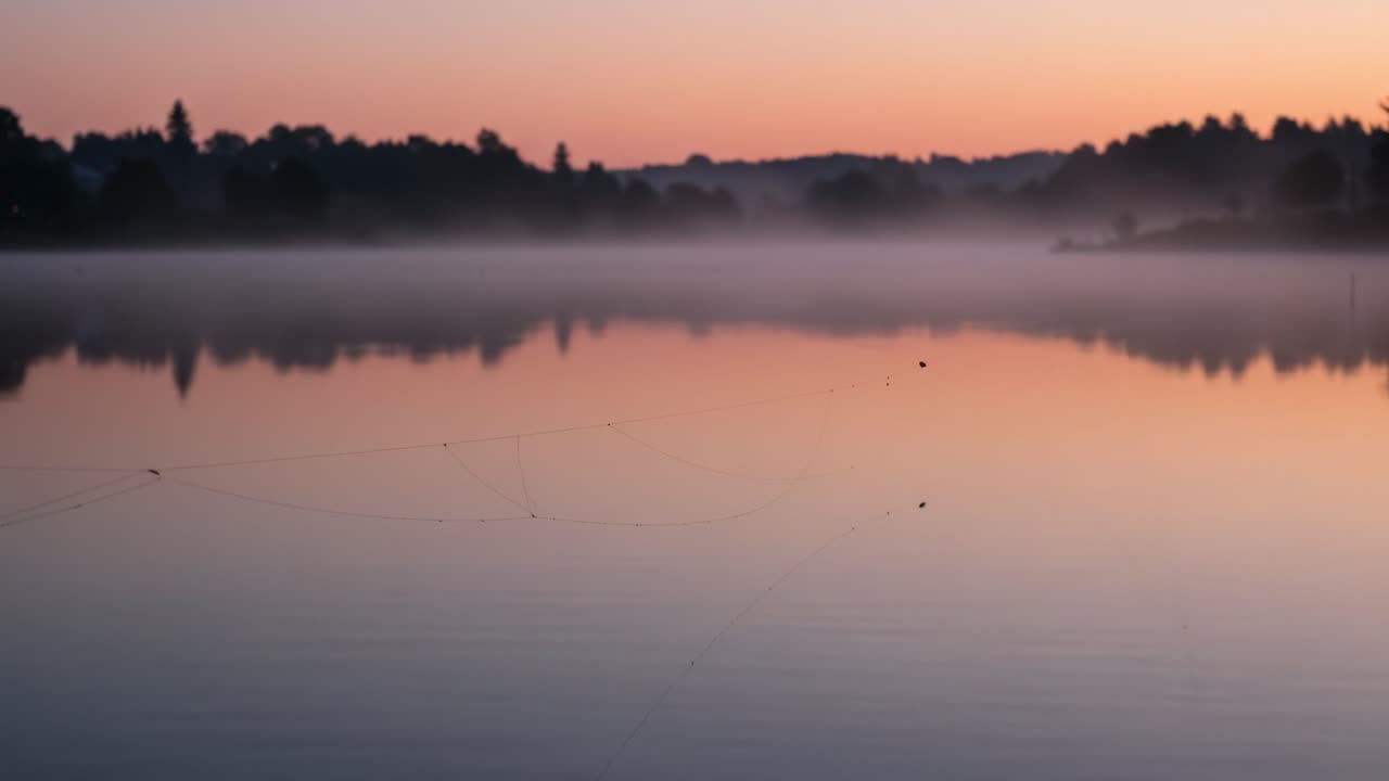 Serenity at Dawn: A Tranquil Reflection on Misty Waters as the Sun Rises, Casting Soft Hues Across the Surface, Creating a Moment of Peace
