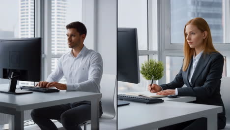 professionals working on computers in a modern office