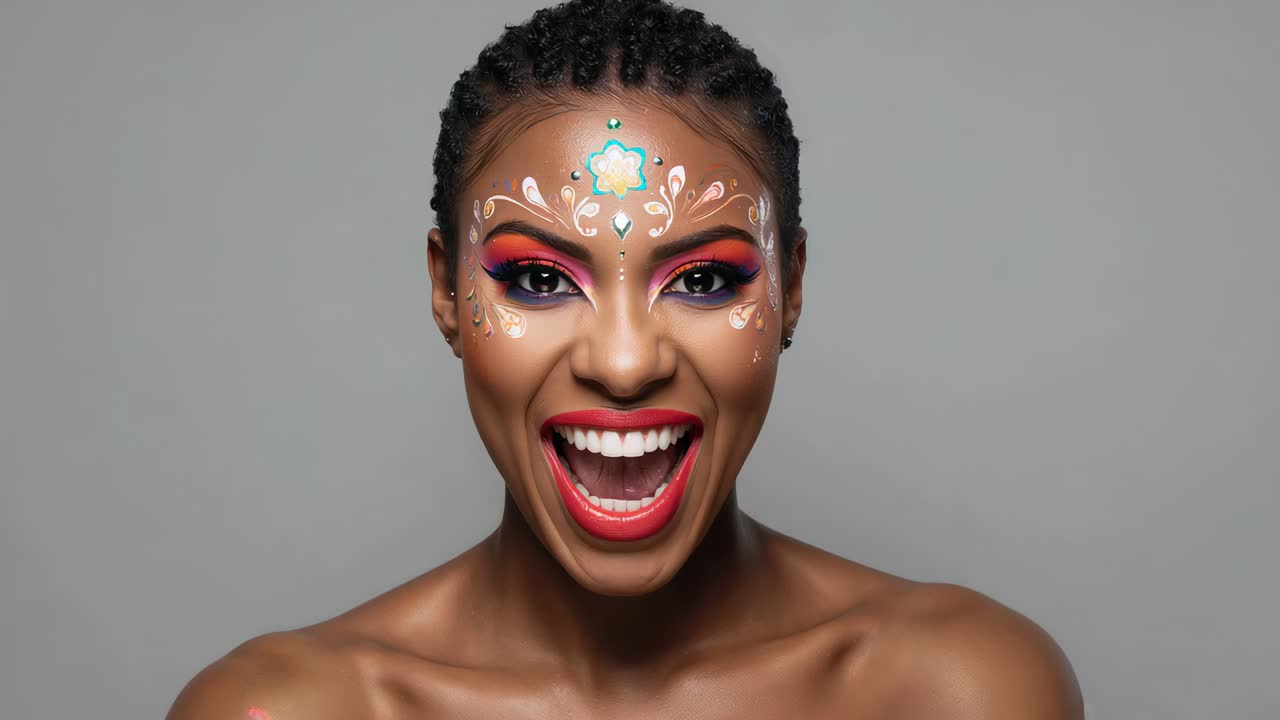 Laughing model changing to broad smile while camera moving closer in studio, posing for face paint