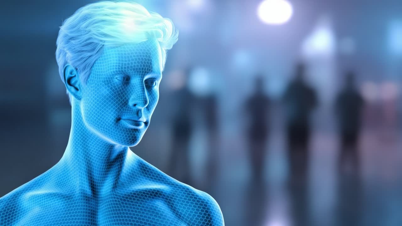 Illuminazione Digitale: Un'Esplorazione Profonda di una Figura Umana 3D in Blu con Sfondo Astratto che Rappresenta Ombre e Figure in Movimento.