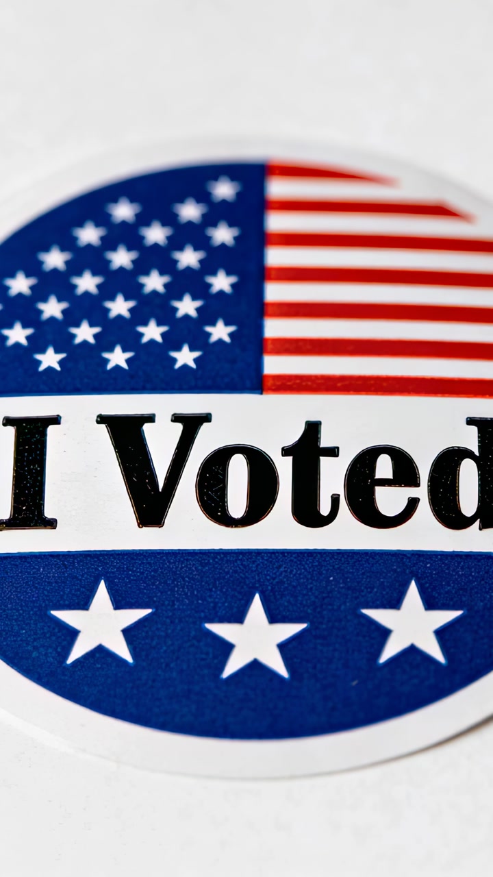 Vertical video: Filming camera shifting five frames showing circular I Voted sticker on white, flag