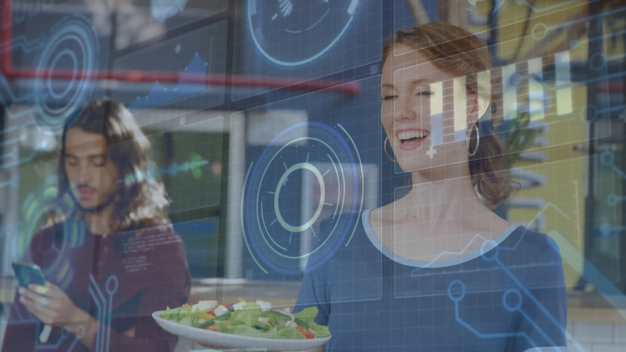 Adult woman holding plate of fresh salad in tech-focused café, with holographic charts floating