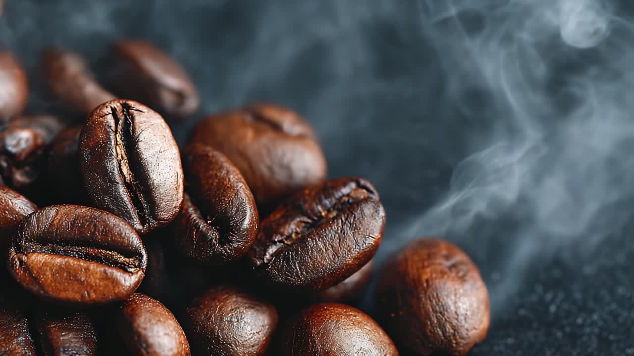 Indfangning af den aromatiske essens: Et nærbillede af friskristede kaffebønner med æterisk røg stigende op, der fremhæver deres rige farve og tekstur.