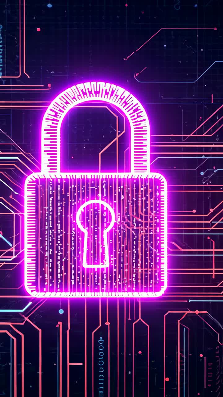 Vertical video: Appearing purple padlock icon pulsing on grid, with circuit traces, data specks
