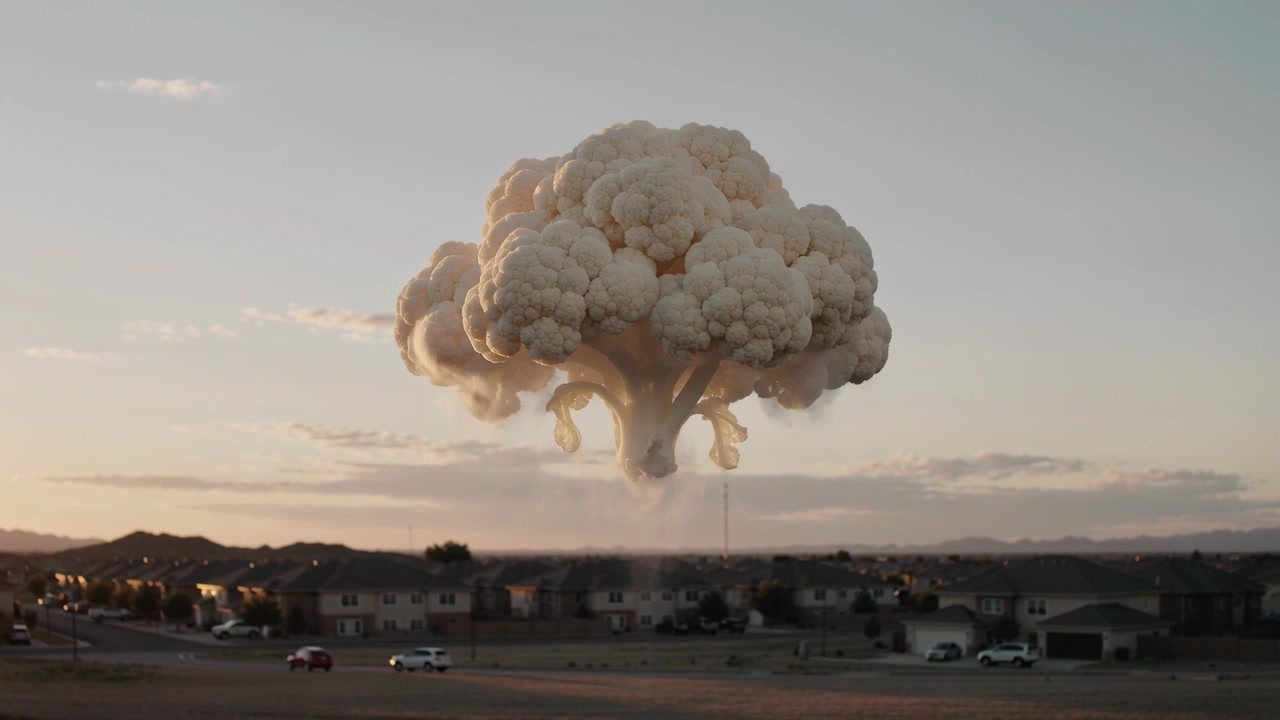 Forming cauliflower cloud rising over suburban field at sunset, being driven by ground vapor column