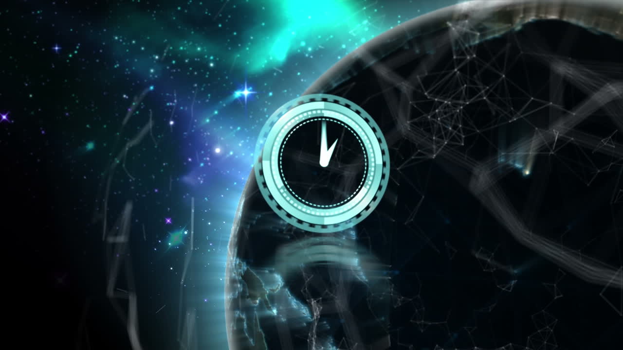 animación del reloj que se mueve sobre el globo y la red de conexiones